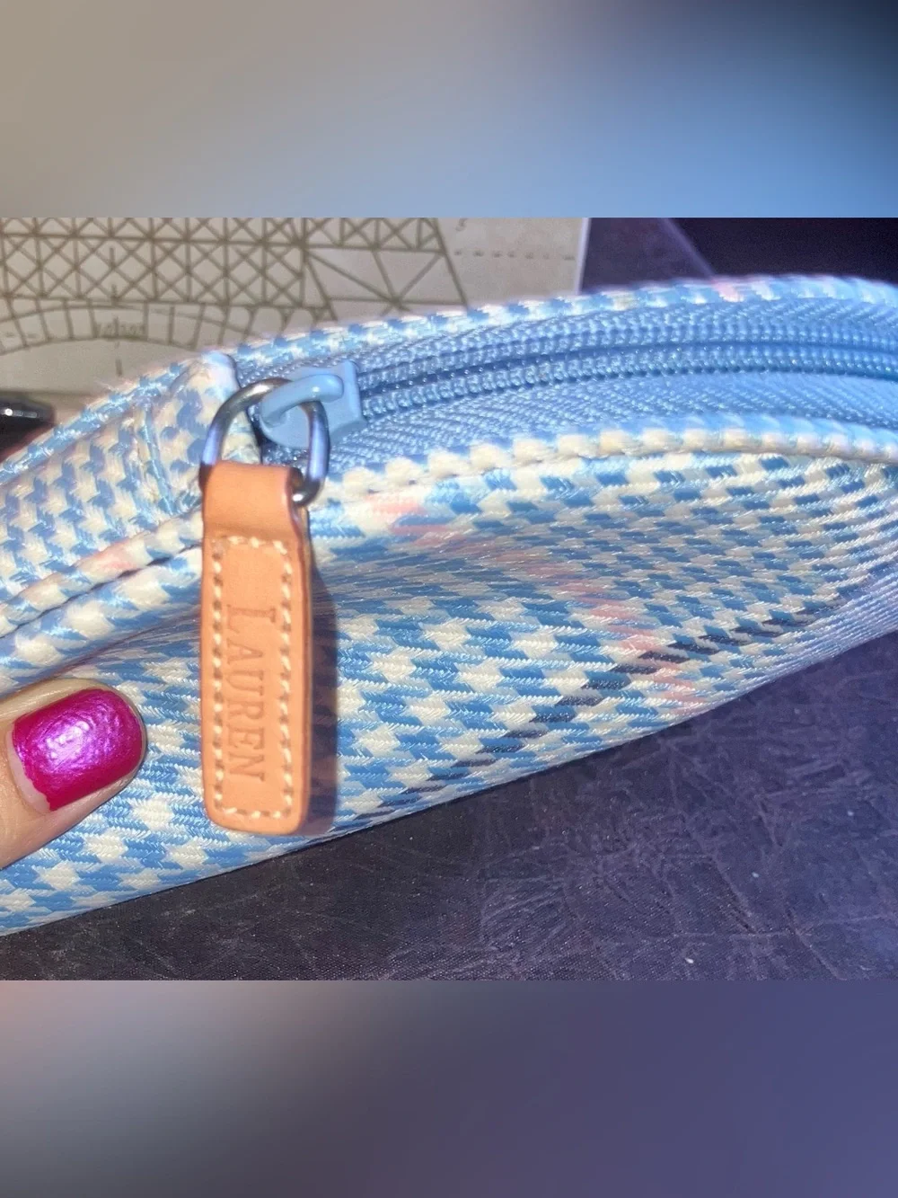 Ralph Lauren Blue & White Houndstooth Cosmetic Bag w/Pink Accents Rare Color HTF